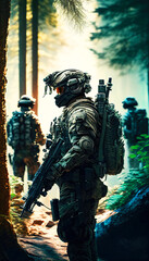 Fototapeta na wymiar special forces commando soldiers navigating their way through a dense jungle environment. Clad in camouflage gear and armed with advanced weaponry. Generative ai