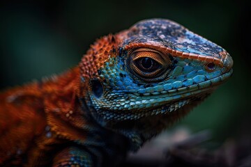 Close up of a lizard portrait standing on a branch. Generative AI