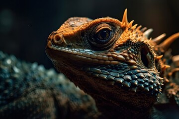 Fototapeta premium Close up of a lizard portrait standing on a branch. Generative AI
