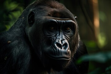 Gorilla portrait in the jungle. Generative AI