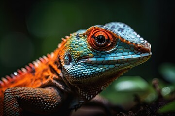 Fototapeta premium Close up of a lizard portrait standing on a branch. Generative AI