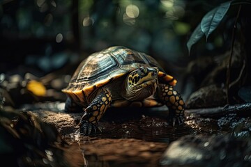 Obraz premium Turtle close up in tropical forest. Generative AI