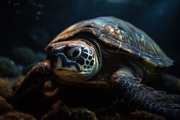 Fototapeta na wymiar Close up of a turtle underwater. Generative AI