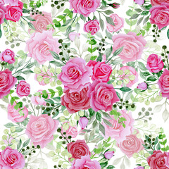 Seamless floral pattern-233. Bouquet of pink roses on a white background, hand drawn watercolour illustration.