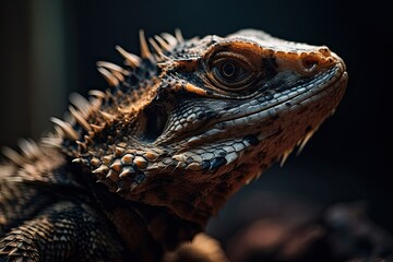 Fototapeta premium Close up of a lizard portrait standing on a branch. Generative AI