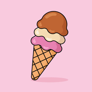 Cute ice cream scoop cartoon icon vector. Strawberry, vanilla, and chocolate scoops in waffle cone. Desserts & Sweet Foods Flat Design icon concept. Vector flat outline icon