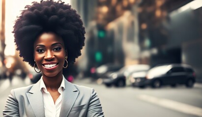 Portrait of smart, successful, confident, smiling young African woman business executive manager. Agent, adviser. City background. Ai generative