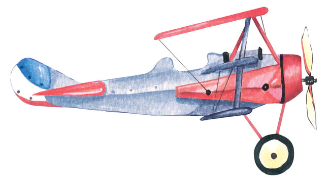 Illustration ancient red plane painted with watercolors.Vintage aircraft painting flying in the sky.Vehicles for air travel.