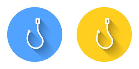 Obraz premium White Fishing hook icon isolated with long shadow background. Fishing tackle. Circle button. Vector