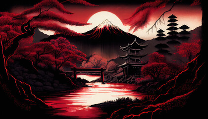 Japanese mountain landscape sunset - By Generative AI