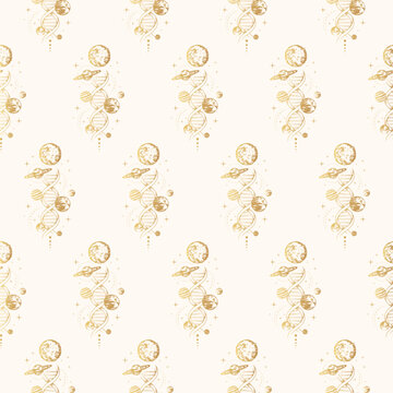 Golden celestial planets, moon, stars and dna. Hand drawn mystical seamless pattern. Vector illustration for background, textile, texture and wrapping paper.