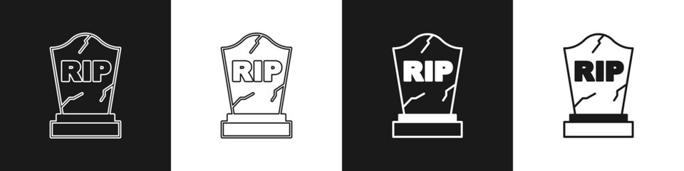 Set Tombstone with RIP written on it icon isolated on black and white background. Grave icon. Happy Halloween party. Vector
