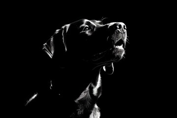 Fototapeta premium Silhouettes of a male black labrador retriever dog in pure black and white pleading for goodies. Generative AI