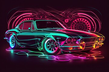 Vintage Car Show: AI Digital Composite of Retro Sports Car on Neon Display, Generative AI