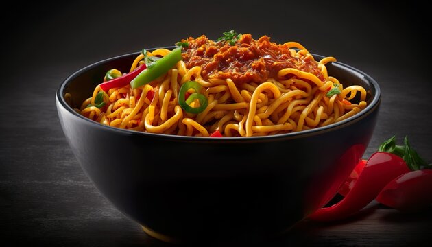 Noodles or Vegetable Hakka Noodles or Chow Mein in black bowl, Generative Al