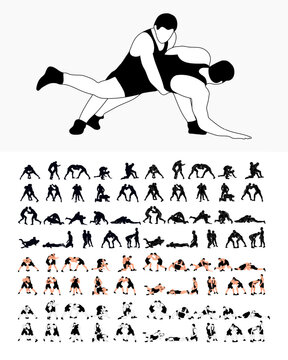 Big set 80 silhouettes athlete wrestler in wrestling, duel, fight. Greco Roman wrestling, martial art, sportsmanship
