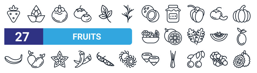 Obraz premium set of 27 thin line fruits icons such as strawberry, artichoke, mangosteen, mason jar, grapefruit, mango, hazelnut, durian vector icons for mobile app, web design.