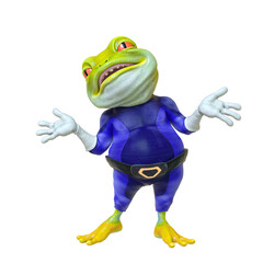 super frog is standing up and singing