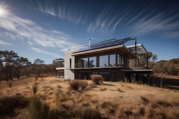Revolutionizing Sustainable Living: A Captivating Photography of a Modern House with Solar Panels, Paving the Way for Eco-Friendly Homes Generative Ai