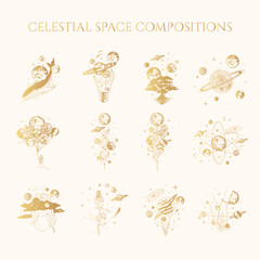 Golden celestial space compositions isolated set. 12 hand drawn vector illustrations of mystical planets, galaxy, stars, whales and trees for poster and greeting card. © Kirill