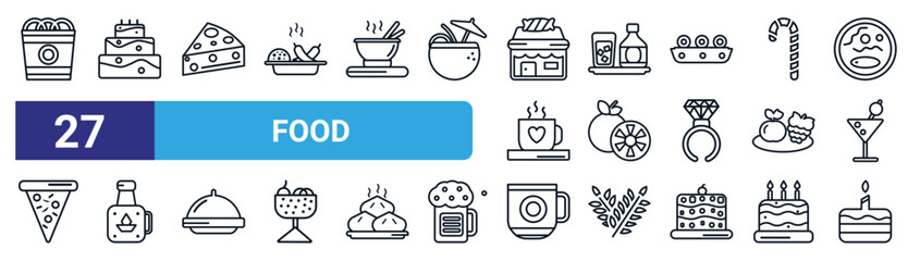 set of 27 thin line food icons such as onion rings, cake with one candle, cheese wedge, scotch, citrus fruits, canadian, warm black mug, celebration cake vector icons for mobile app, web design.