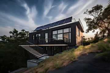 Revolutionizing Sustainable Living: A Captivating Photography of a Modern House with Solar Panels, Paving the Way for Eco-Friendly Homes Generative Ai