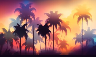 Fototapeta na wymiar a tropical sunset with palm trees silhouetted against a colorful sky. generative ai