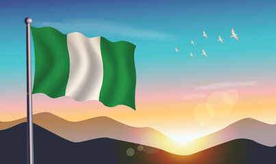 Nigeria flag with mountains and morning sun in background