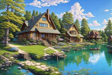 Fototapeta na wymiar Anime-style house in nature landscape [AI Generated]