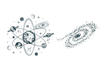 Celestial planets, solar system, galaxy and stars. Two hand drawn mystical vector illustrations isolated on white background for poster, card, t-shirt design and tattoo.