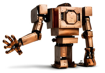 Strong handed vintage giant robot made of recycled copper metal, isolated, AI generated