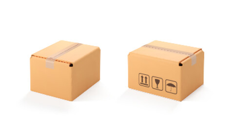 Two 3D cardboard closed box isolated on white background. Render delivery cargo box. Cartoon style cardboard box or delivery package. 3d realistic vector