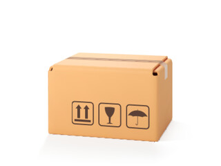 3D cardboard closed box isolated on white background. Delivery cargo box. Cartoon style cardboard box or delivery package. 3d realistic vector