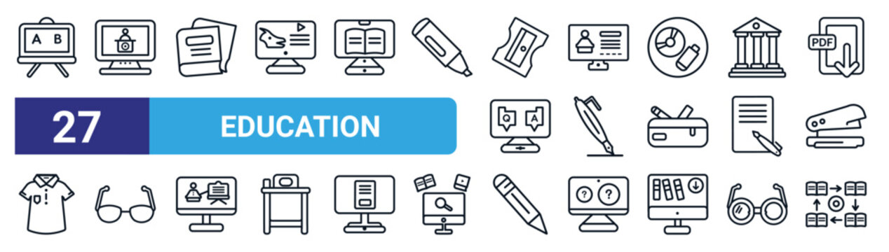 set of 27 thin line education icons such as whiteboard, lecture, book, computer-based training, fountain pen, eyeglasses, pencil, asynchronous learning vector icons for mobile app, web design.