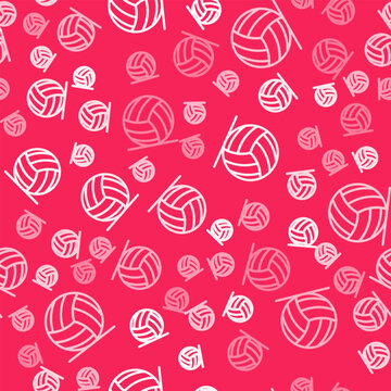 White line Volleyball ball icon isolated seamless pattern on red background. Sport equipment. Vector