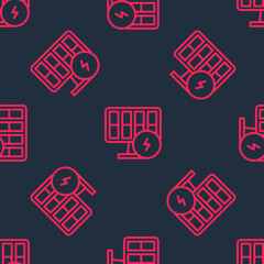 Red line Solar energy panel icon isolated seamless pattern on black background. Vector