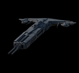 Fast Attack Space Ship on Black Background - Front View, 3d digitally rendered science fiction illustration