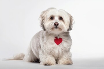 A sweet Valentine's Day Havanese dog wearing a red heart is seen in isolation on a white backdrop. Generative AI