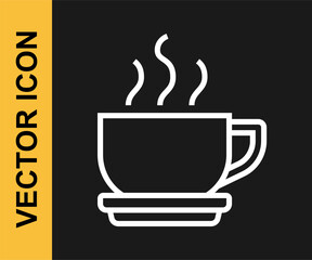 White line Coffee cup icon isolated on black background. Tea cup. Hot drink coffee. Vector