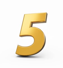 3D illustration of a golden number 5 on a white isolated background