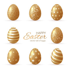 Luxury Happy easter card with eggs. Many beautiful golden realistic eggs set.