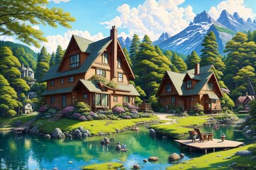 Obraz premium Anime-style house in nature landscape [AI Generated]