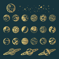 Golden galaxy planets celestial collection. Hand drawn isolated  set of 22 space design elements for print, poster and greeting card.