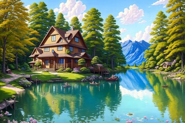Fototapeta premium Anime-style house in nature landscape [AI Generated]