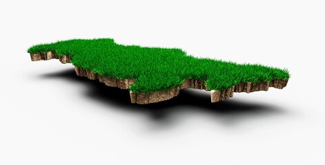3D rendering of the Russia-shaped map with grass and soil texture isolated on a white background