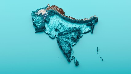 3D rendering of a Subcontinent-shaped topography map isolated on a blue background