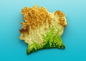 3D rendering illustration of Ivory coast map shaded relief color height map