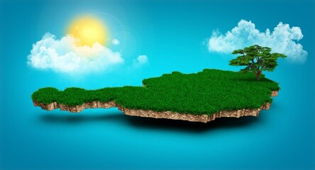 Digital illustration of a realistic 3D map of Austria with clouds. tree and sun rays on blue sky