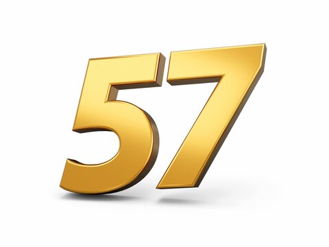 Number 57, Shiny 3d illustration of gold number fifty-seven isolated on white background