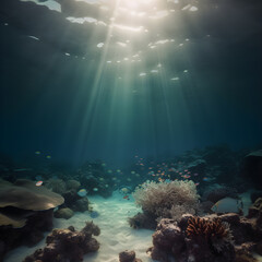 Underwater ocean. with corals and fish. Ray of lights.